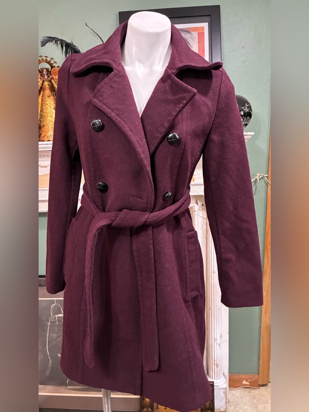 Women's Express Plum  Double-Breasted Belted Wool Coat -  Small